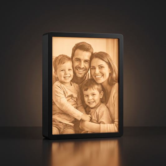 Cadre lumineux Diciry allumé avec un portrait de famille